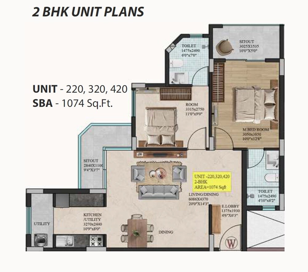 2 BHK 1074 Sq. Ft. Apartment