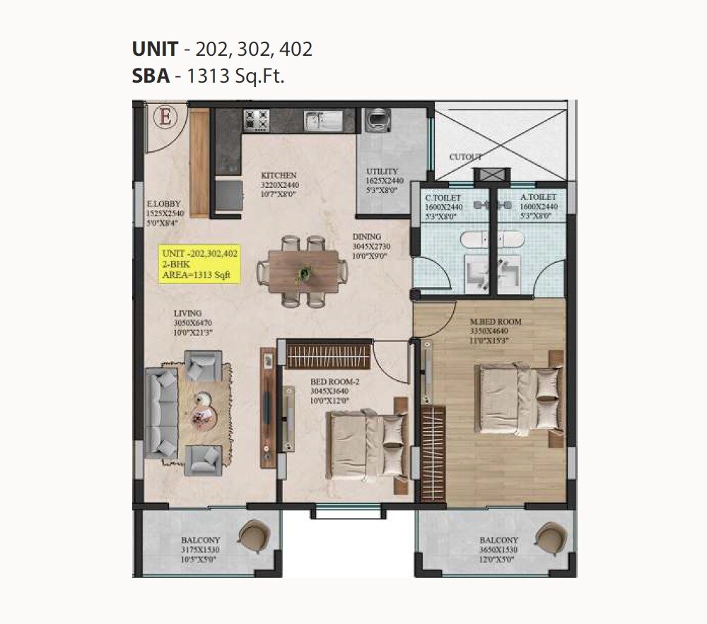 Floor plan of 2 BHK 1313 Sq. Ft. Apartment in Raja Platino, Bangalore