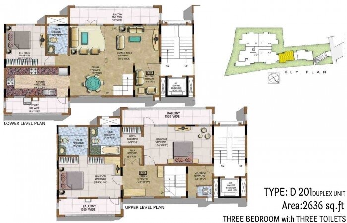 Floor plan of 3 BHK Apartment - 2636 sq. ft. in Raja Prakruthi Apartment, Bangalore