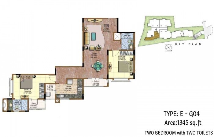 Floor plan of 2 BHK 1345 Sq. Ft. Apartment in Raja Prakruthi II, Bangalore