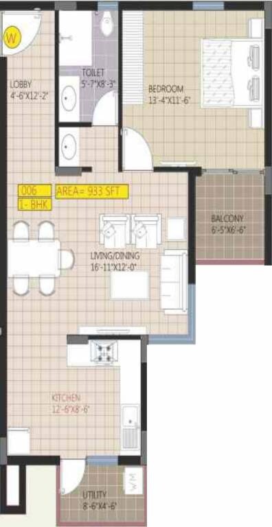 Floor plan of 1 BHK 933 Sq. Ft. Apartment in Raja Ritz Avenue, Bangalore