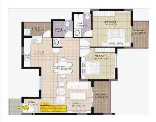 Floor plan of 2 BHK 1234 Sq. Ft. Apartment in Raja Ritz Avenue, Bangalore