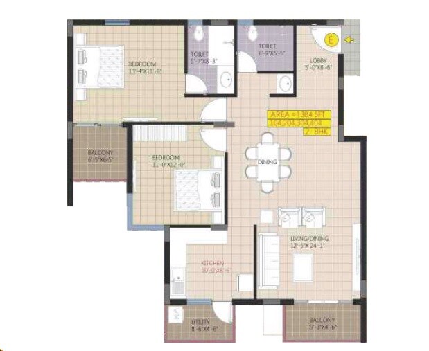 Floor plan of 2 BHK 1384 Sq. Ft. Apartment in Raja Ritz Avenue, Bangalore
