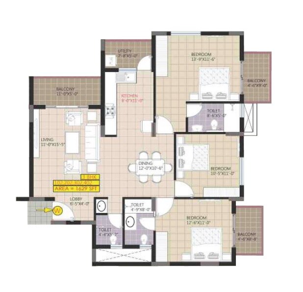 Floor plan of 3 BHK 1629 Sq. Ft. Apartment in Raja Ritz Avenue, Bangalore