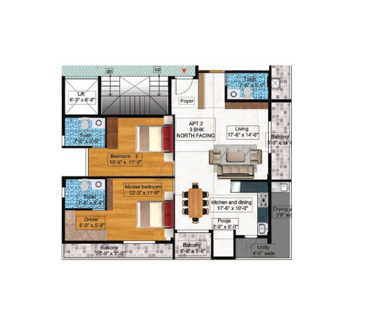 Floor plan of 2 BHK 1591 Sq. Ft. Apartment in Rajarajeshware Prashanti Balu Enclave, Bangalore