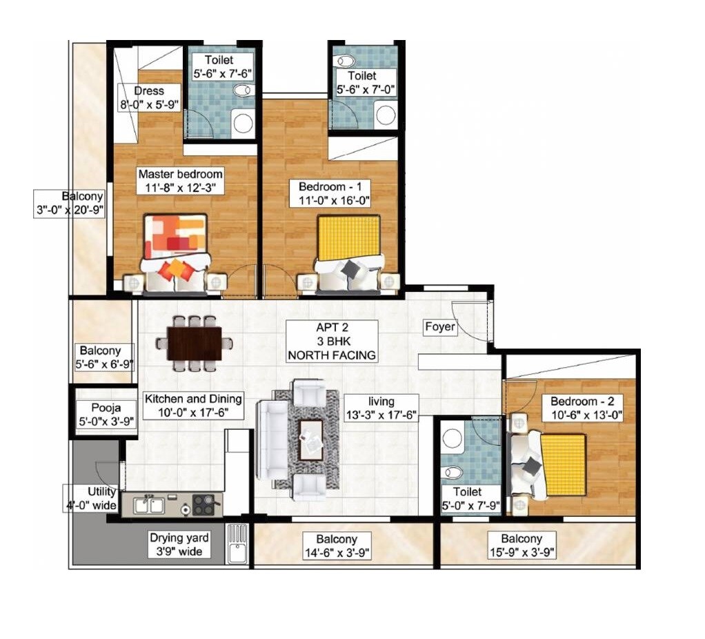 Floor plan of 3 BHK 2011 Sq. Ft. Apartment in Rajarajeshware Prashanti Balu Enclave, Bangalore