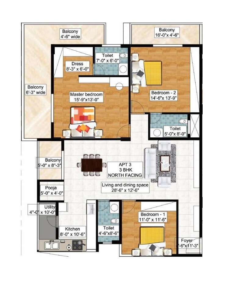 Floor plan of 3 BHK 2268 Sq. Ft. Apartment in Rajarajeshware Prashanti Balu Enclave, Bangalore