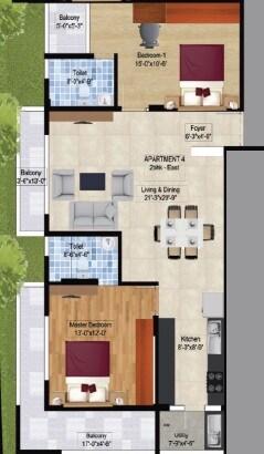 Floor plan of 2 BHK 1375 Sq. Ft. Apartment in Rajarajeshware Pratham, Bangalore