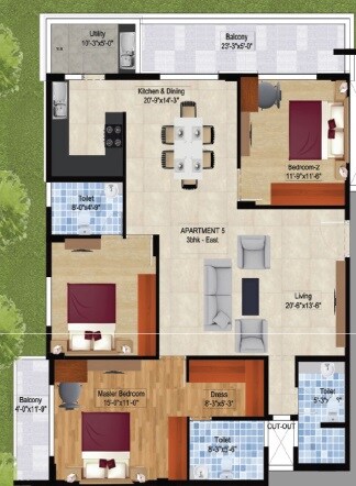 Floor plan of 3 BHK 1539 Sq. Ft. Apartment in Rajarajeshware Pratham, Bangalore