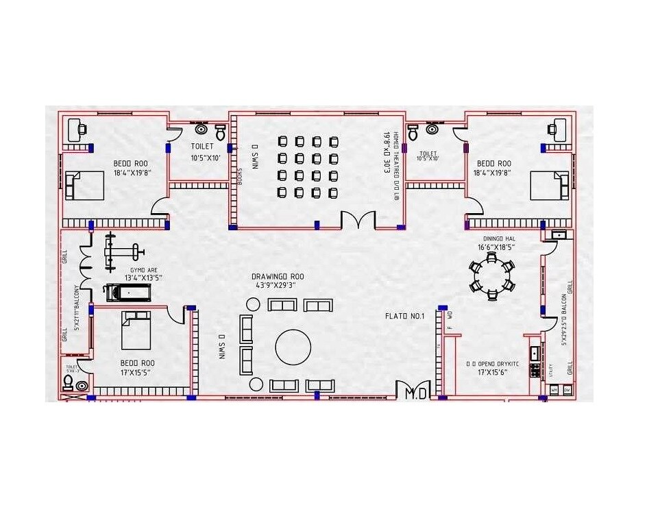 Floor plan of 3 BHK 2327 Sq. Ft. Apartment in Rajnigandha Apartment Bangalore, Bangalore
