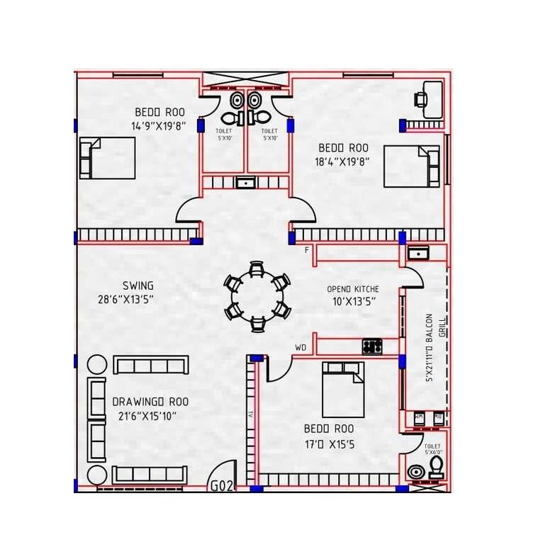 Floor plan of 3 BHK 4618 Sq. Ft. Apartment in Rajnigandha Apartment Bangalore, Bangalore