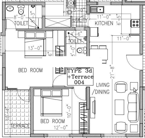 Floor plan of 2 BHK 734 Sq. Ft. Apartment in Ramky One North, Bangalore