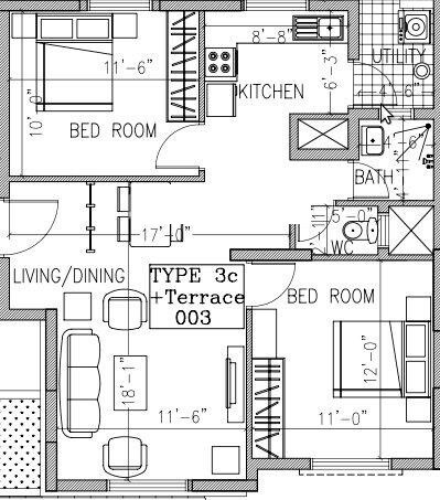 Floor plan of 2 BHK 837 Sq. Ft. Apartment in Ramky One North, Bangalore