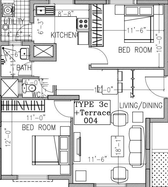 Floor plan of 2 BHK 838 Sq. Ft. Apartment in Ramky One North, Bangalore