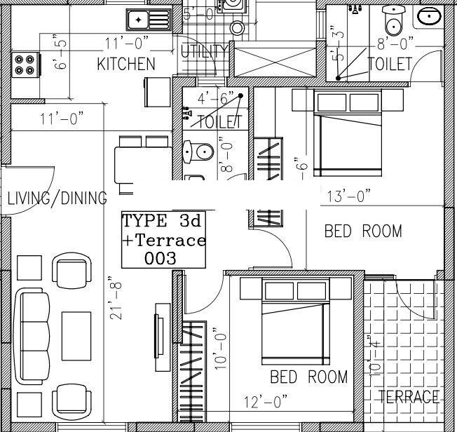 Floor plan of 2 BHK 915 Sq. Ft. Apartment in Ramky One North, Bangalore