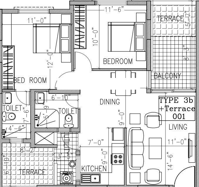 Floor plan of 2 BHK 937 Sq. Ft. Apartment in Ramky One North, Bangalore