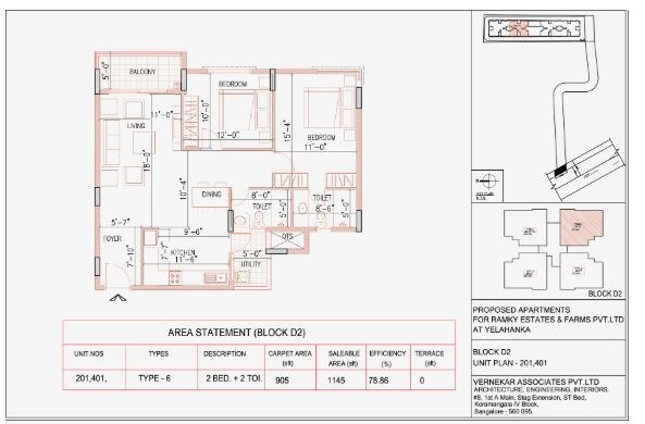 Floor plan of 2 BHK 1145 Sq. Ft. Apartment in Ramky One North, Bangalore