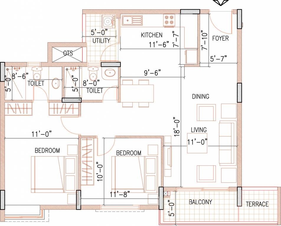 Floor plan of 3 BHK 1141 Sq. Ft. Apartment in Ramky One North, Bangalore