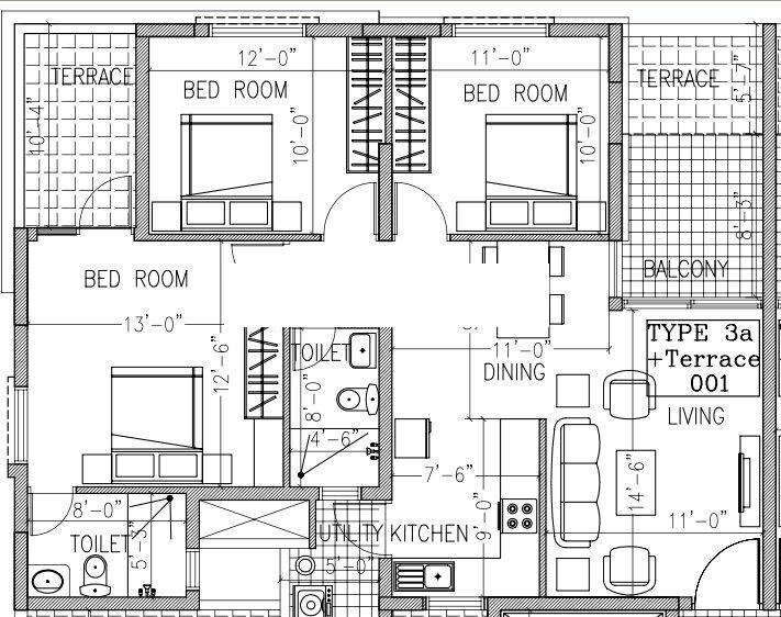 Floor plan of 3 BHK 1148 Sq. Ft. Apartment in Ramky One North, Bangalore
