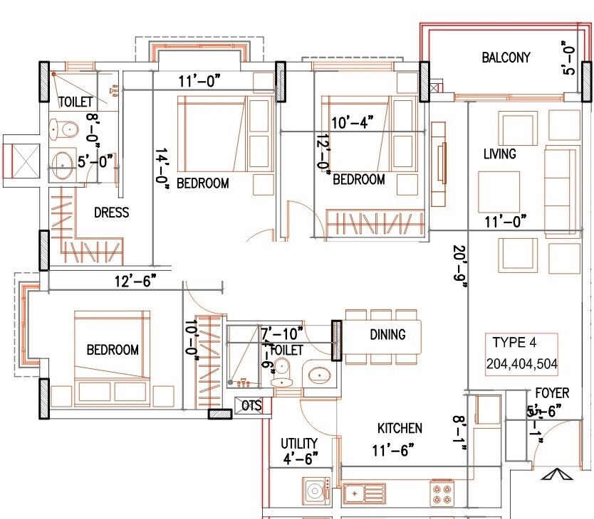 Floor plan of 3 BHK 1287 Sq. Ft. Apartment in Ramky One North, Bangalore