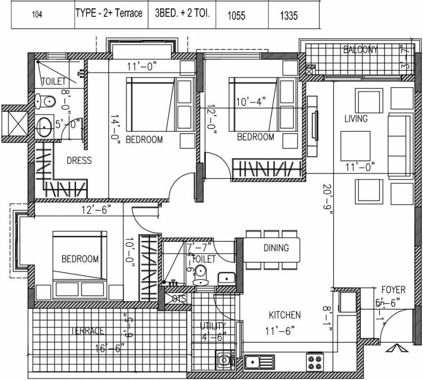 Floor plan of 3 BHK 1335 Sq. Ft. Apartment in Ramky One North, Bangalore