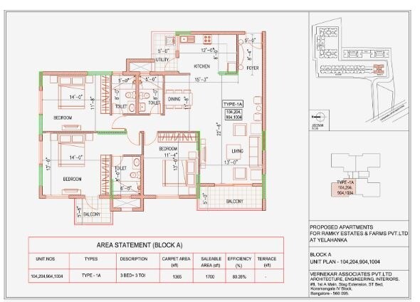 Floor plan of 3 BHK 1700 Sq. Ft. Apartment in Ramky One North, Bangalore