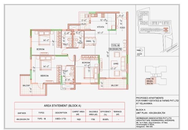 Floor plan of 3 BHK 1756 Sq. Ft. Apartment in Ramky One North, Bangalore