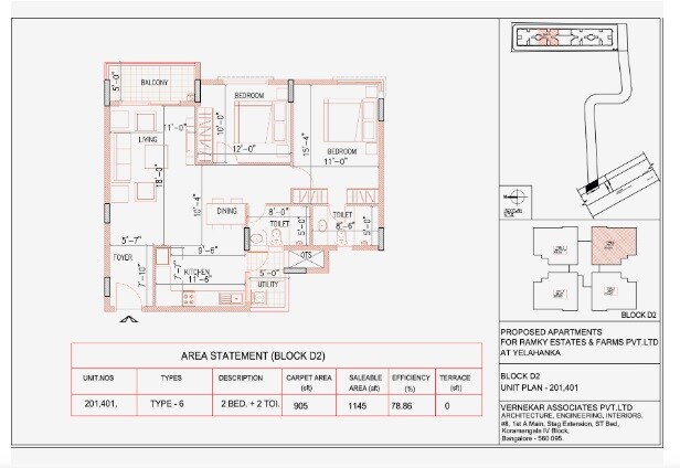 Floor plan of 2 BHK 1145 Sq. Ft. Apartment in Ramky One North Phase 3, Bangalore