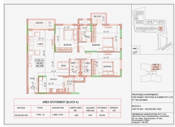 Floor plan of 3 BHK 1700 Sq. Ft. Apartment in Ramky One North Phase 3, Bangalore