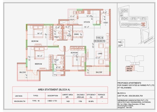 Floor plan of 3 BHK 1756 Sq. Ft. Apartment in Ramky One North Phase 3, Bangalore
