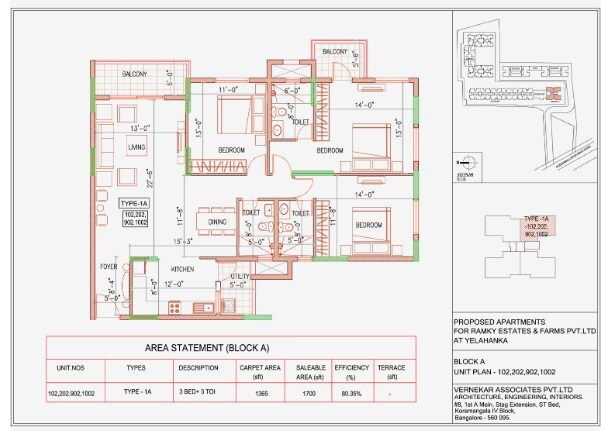 Floor plan of 3 BHK 1700 Sq. Ft. Apartment in Ramky One North Phase II, Bangalore
