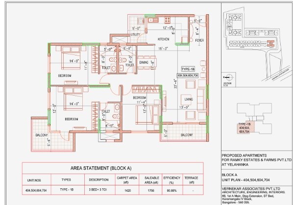 Floor plan of 3 BHK 1756 Sq. Ft. Apartment in Ramky One North Phase II, Bangalore