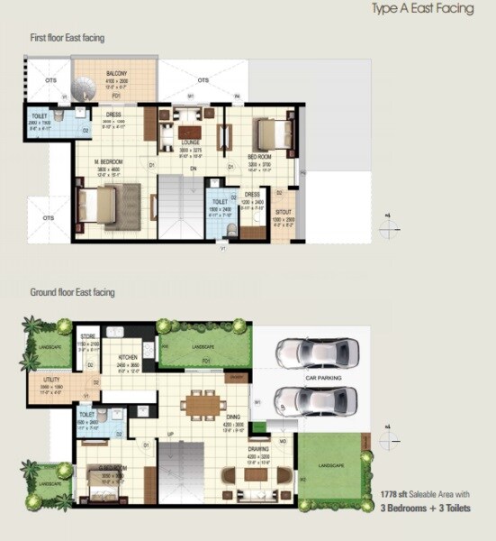 Floor plan of 3 BHK 1778 Sq. Ft. Apartment in Ramky Serene Woods, Bangalore