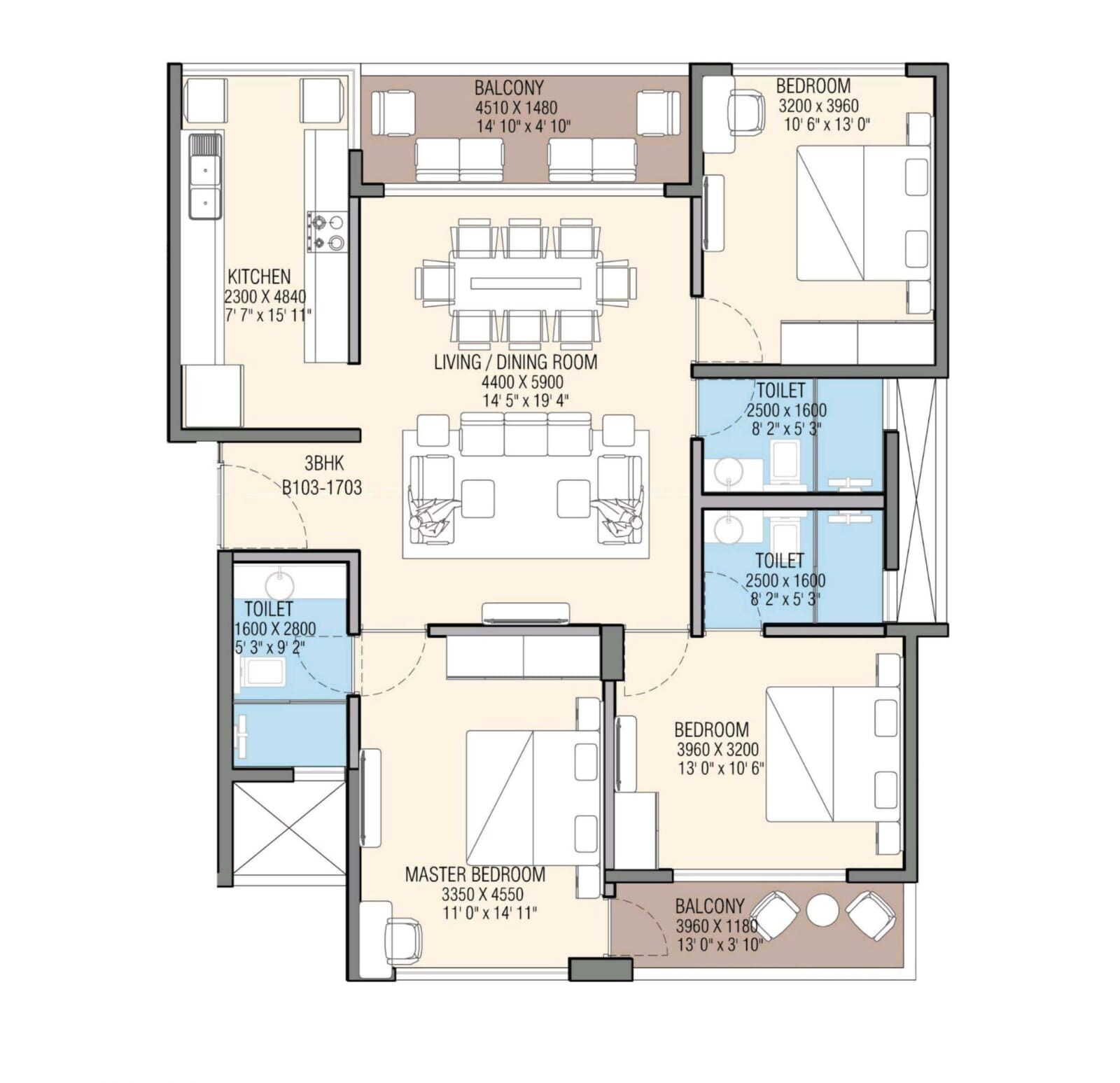Floor plan of 3 BHK 1485 Sq. Ft. Apartment in Ranka Ankura, Bangalore