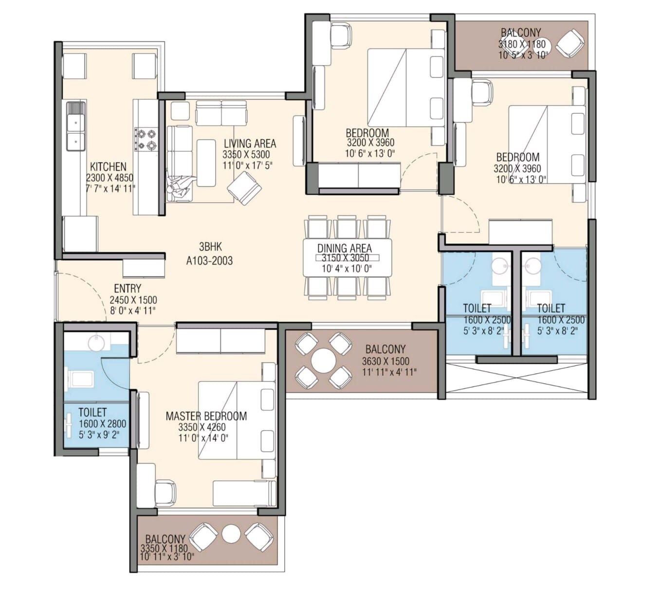 Floor plan of 3 BHK 1685 Sq. Ft. Apartment in Ranka Ankura, Bangalore