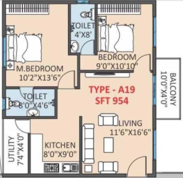 Floor plan of 3 BHK 1278 Sq. Ft. Apartment in Jayalaxmi Ravoos Nandan, Bangalore
