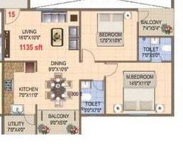 Floor plan of 2 BHK Apartment - 1135 sq. ft. in Ravoos Temple Bells, Bangalore