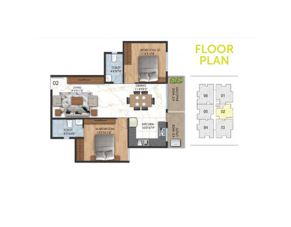 Floor plan of 2 BHK 1120 Sq. Ft. Apartment in Rayala Livium, Bangalore