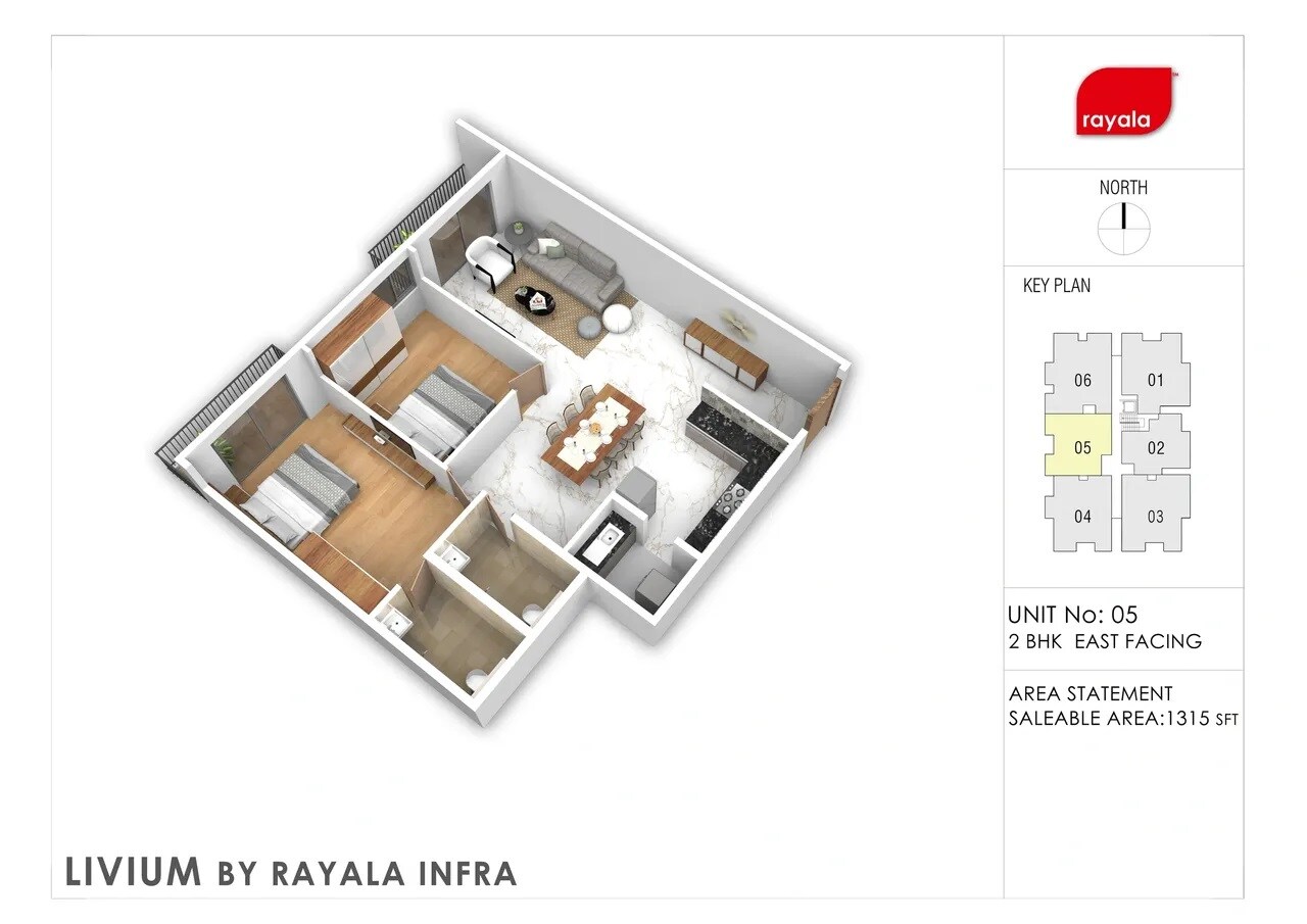 Floor plan of 2 BHK 1315 Sq. Ft. Apartment in Rayala Livium, Bangalore