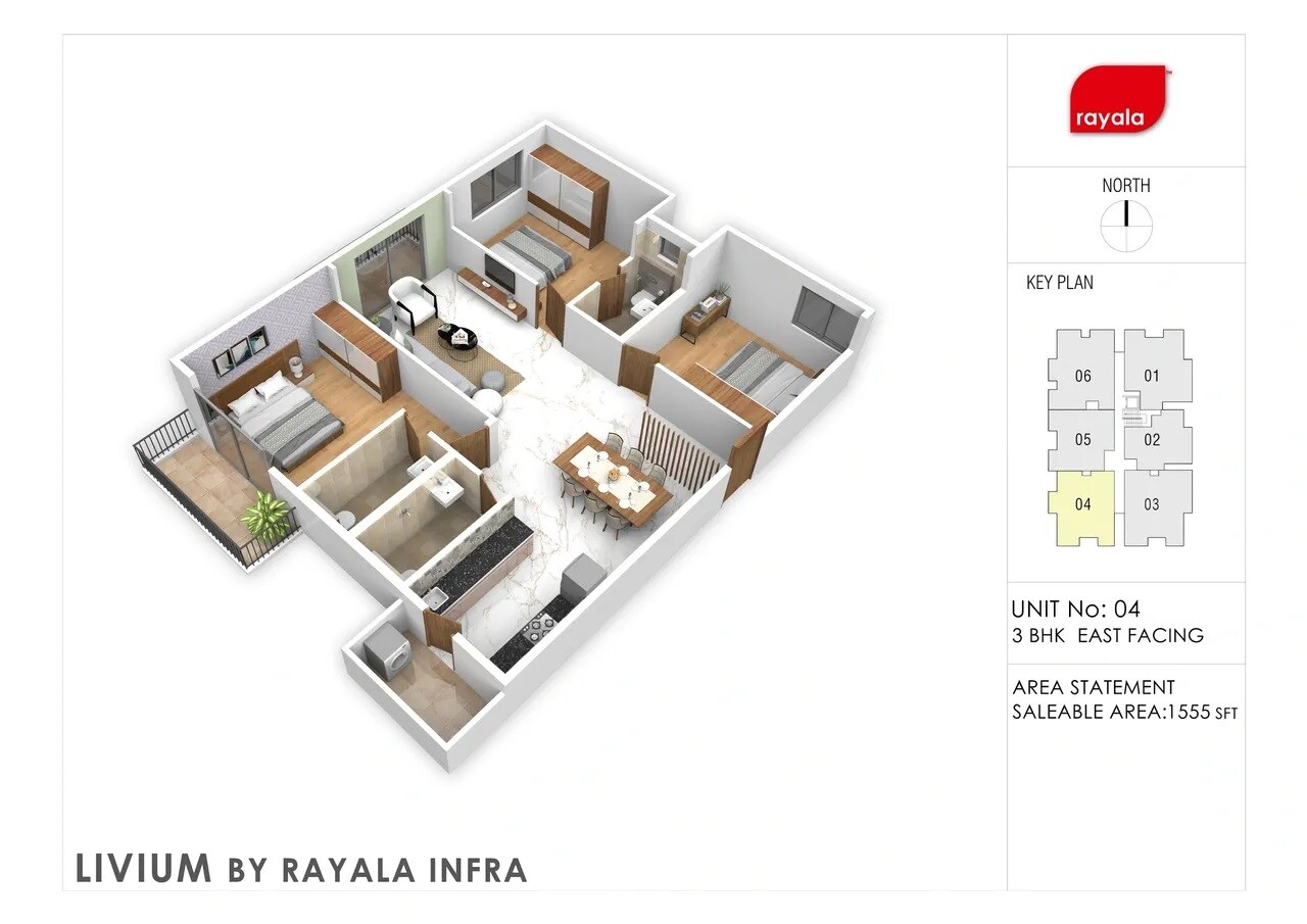 Floor plan of 3 BHK 1555 Sq. Ft. Apartment in Rayala Livium, Bangalore