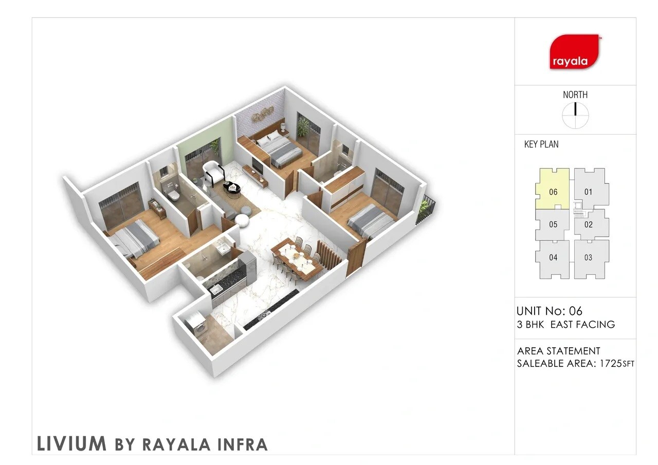 Floor plan of 3 BHK 1725 Sq. Ft. Apartment in Rayala Livium, Bangalore