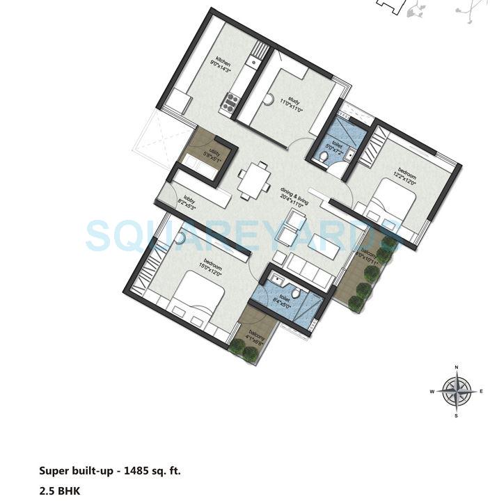 Floor plan of 2 BHK 1485 Sq. Ft. Apartment in RBD Shelters Stillwaters Apartments, Bangalore