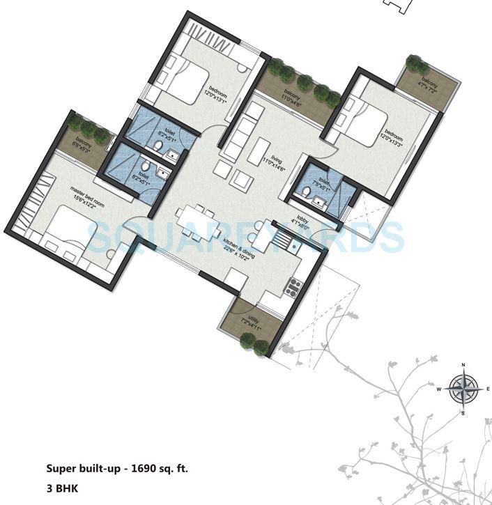 Floor plan of 3 BHK 1690 Sq. Ft. Apartment in RBD Shelters Stillwaters Apartments, Bangalore