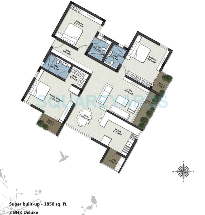 Floor plan of 3 BHK 1850 Sq. Ft. Apartment in RBD Shelters Stillwaters Apartments, Bangalore