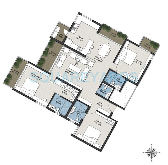 Floor plan of 3 BHK 2045 Sq. Ft. Apartment in RBD Shelters Stillwaters Apartments, Bangalore