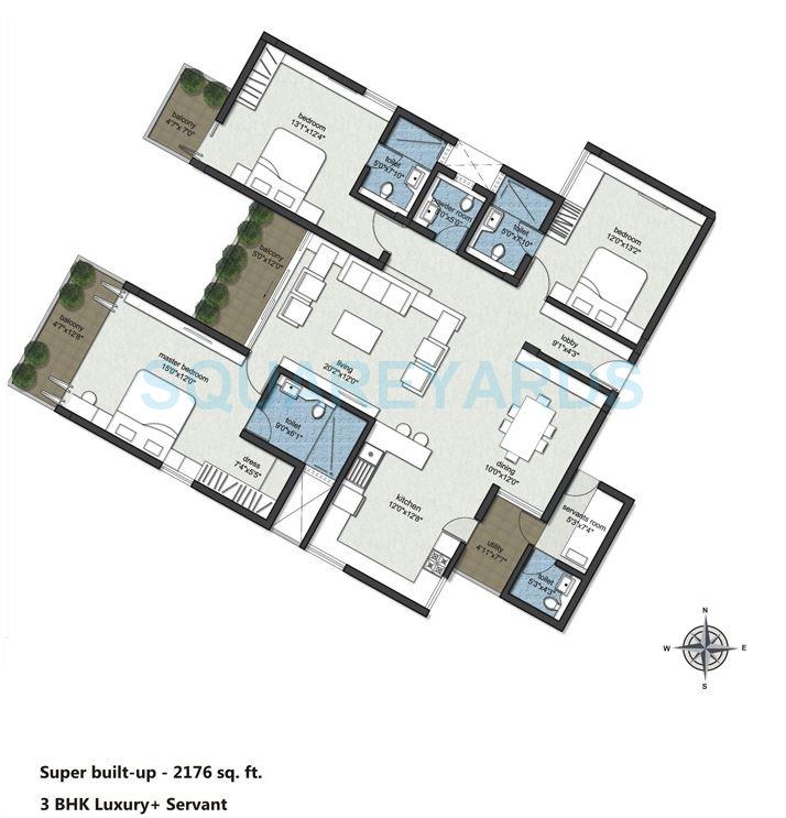 Floor plan of 3 BHK 2176 Sq. Ft. Apartment in RBD Shelters Stillwaters Apartments, Bangalore