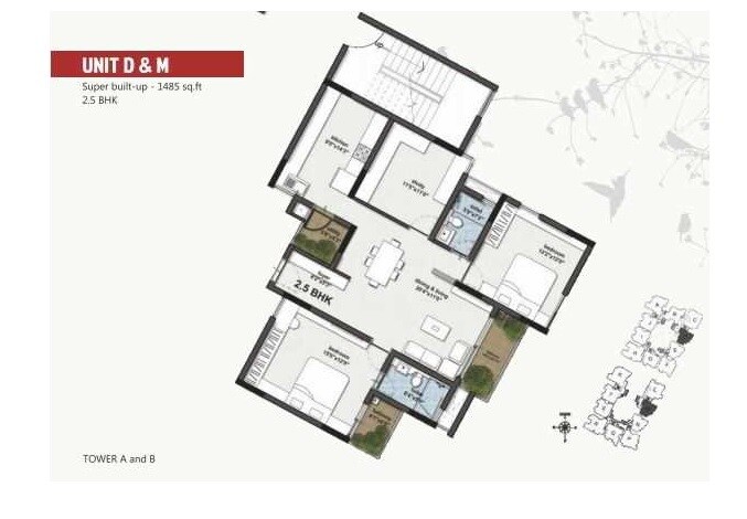 Floor plan of 2 BHK 1485 Sq. Ft. Apartment in RBD Stillwaters, Bangalore