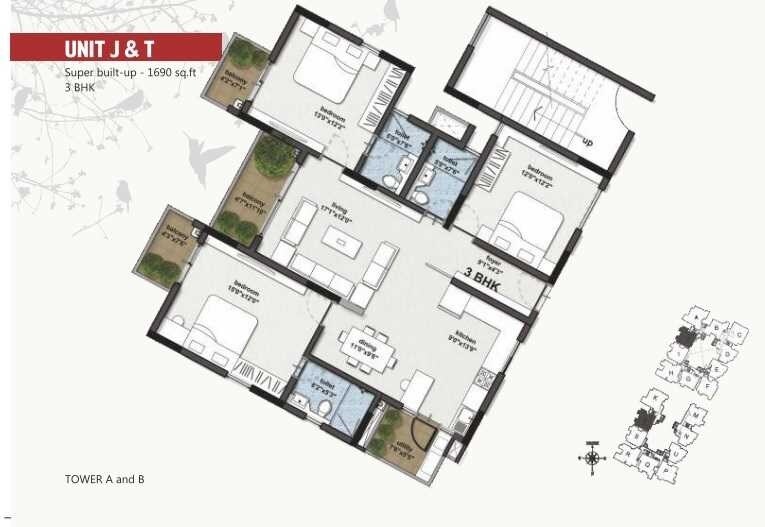 Floor plan of 3 BHK 1690 Sq. Ft. Apartment in RBD Stillwaters, Bangalore