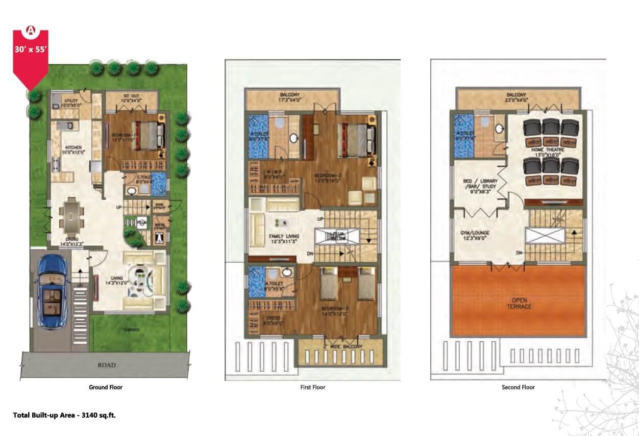 Floor plan of 3 BHK 3140 Sq. Ft. Villa in RBD Stillwaters Villas, Bangalore