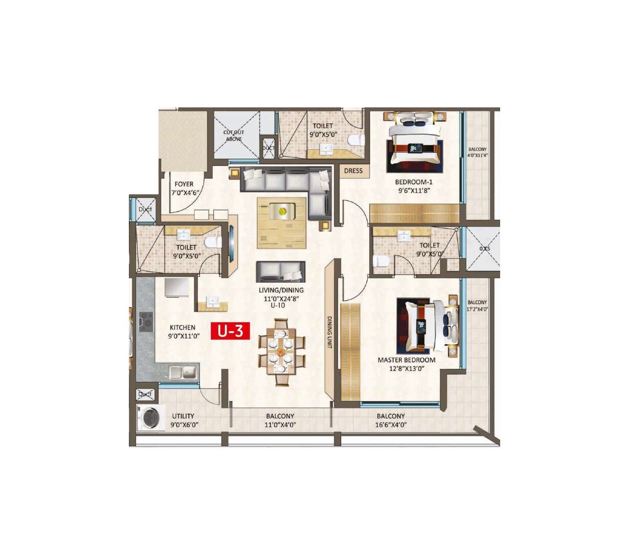 Floor plan of 2 BHK 1039 Sq. Ft. Apartment in Redtree Raindrops, Bangalore